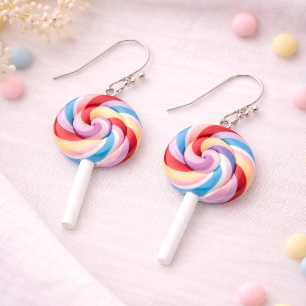 Pastel Rainbow Lollipop Dangle Earrings Candy Swirl Novelty Festival Fun
